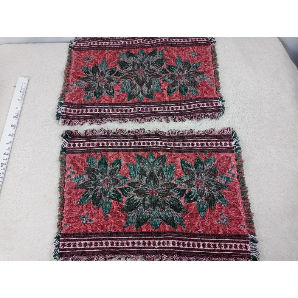 Set of 2 Christmas Poinsettia Woven‎ Tapestry Placemats Fringed Holiday Table